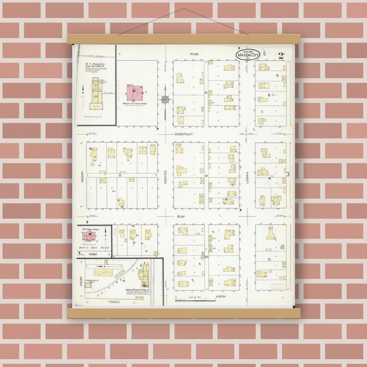 Old map wall art mockup — magnetic wood frame on brick wall — Sanborn Fire Insurance Map from Mason City, Mason County, Illinois (1914), Sheet #0002