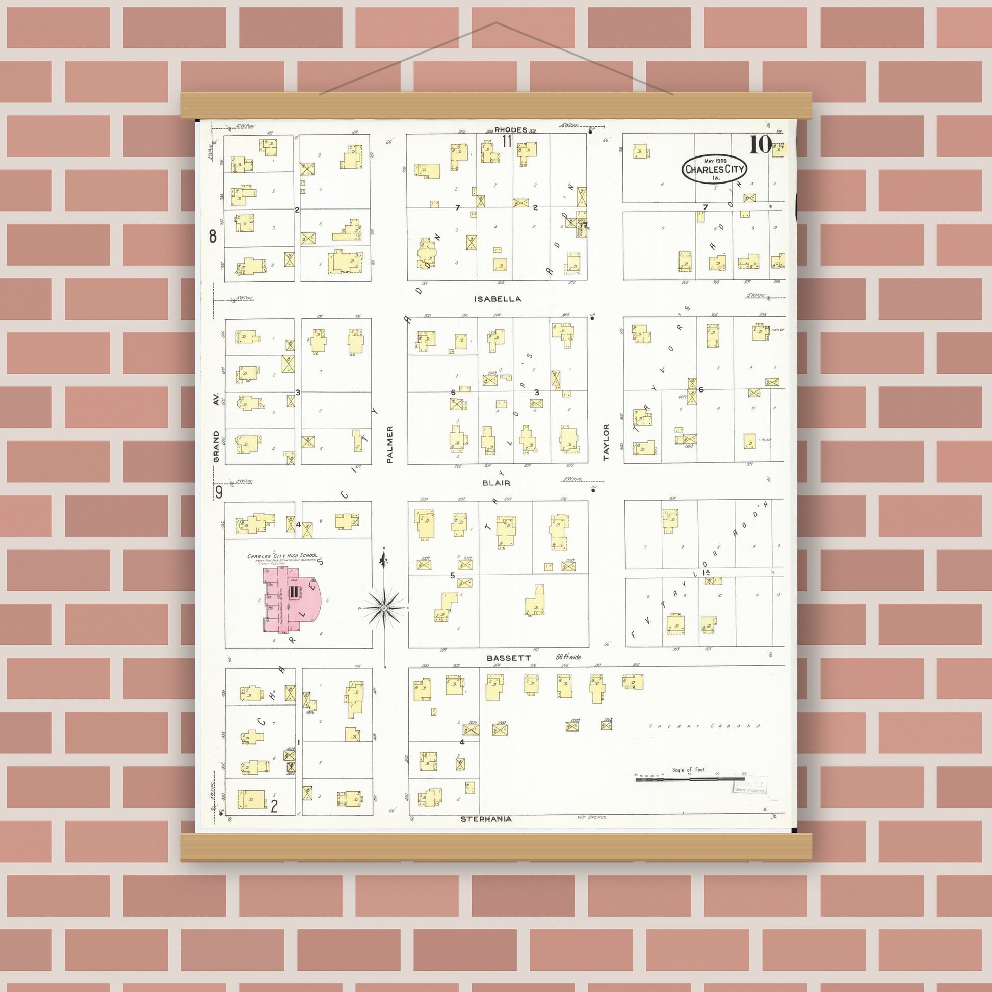 Old map wall art mockup — magnetic wood frame on brick wall — Sanborn Fire Insurance Map from Charles City, Floyd County, Iowa (1909), Sheet #0010