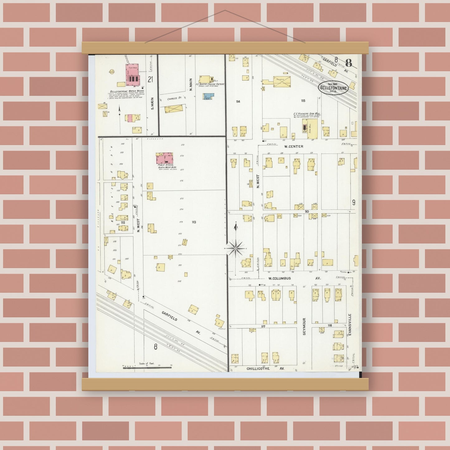 Old map wall art mockup — magnetic wood frame on brick wall — Sanborn Fire Insurance Map from Bellefontaine, Logan County, Ohio (1907), Sheet #0008