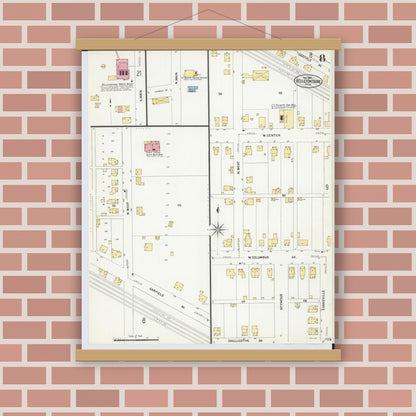 Old map wall art mockup — magnetic wood frame on brick wall — Sanborn Fire Insurance Map from Bellefontaine, Logan County, Ohio (1907), Sheet #0008