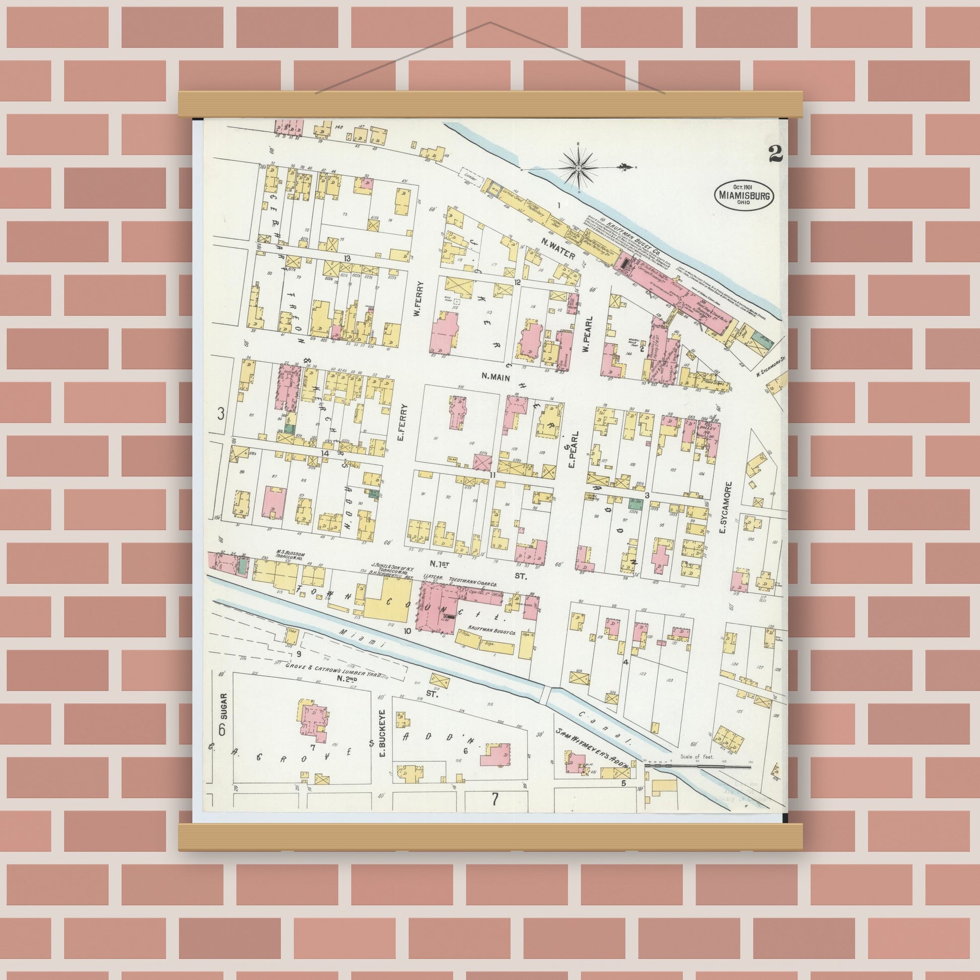 Old map wall art mockup — magnetic wood frame on brick wall — Sanborn Fire Insurance Map from Miamisburg, Montgomery County, Ohio (1901), Sheet #0002