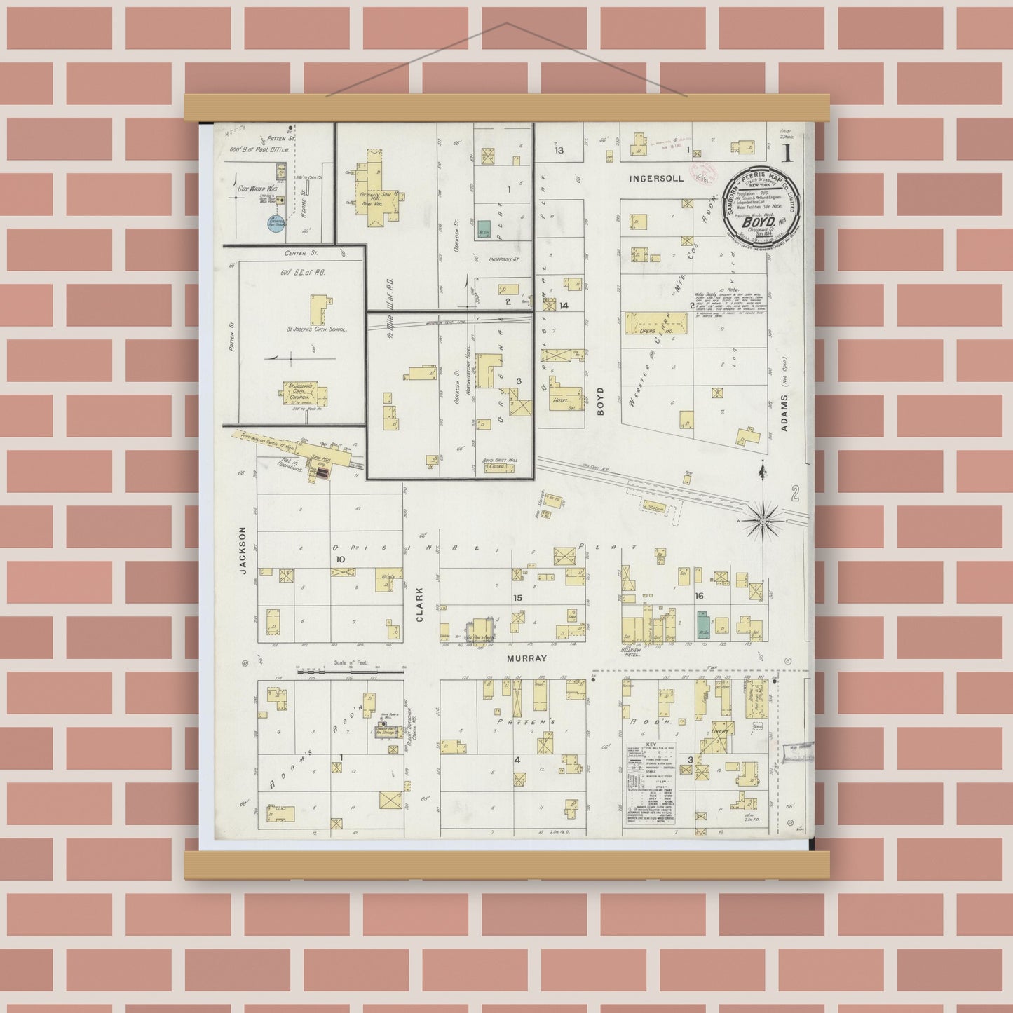 Old map wall art mockup — magnetic wood frame on brick wall — Sanborn Fire Insurance Map from Boyd, Chippewa County, Wisconsin (1894), Sheet #0001