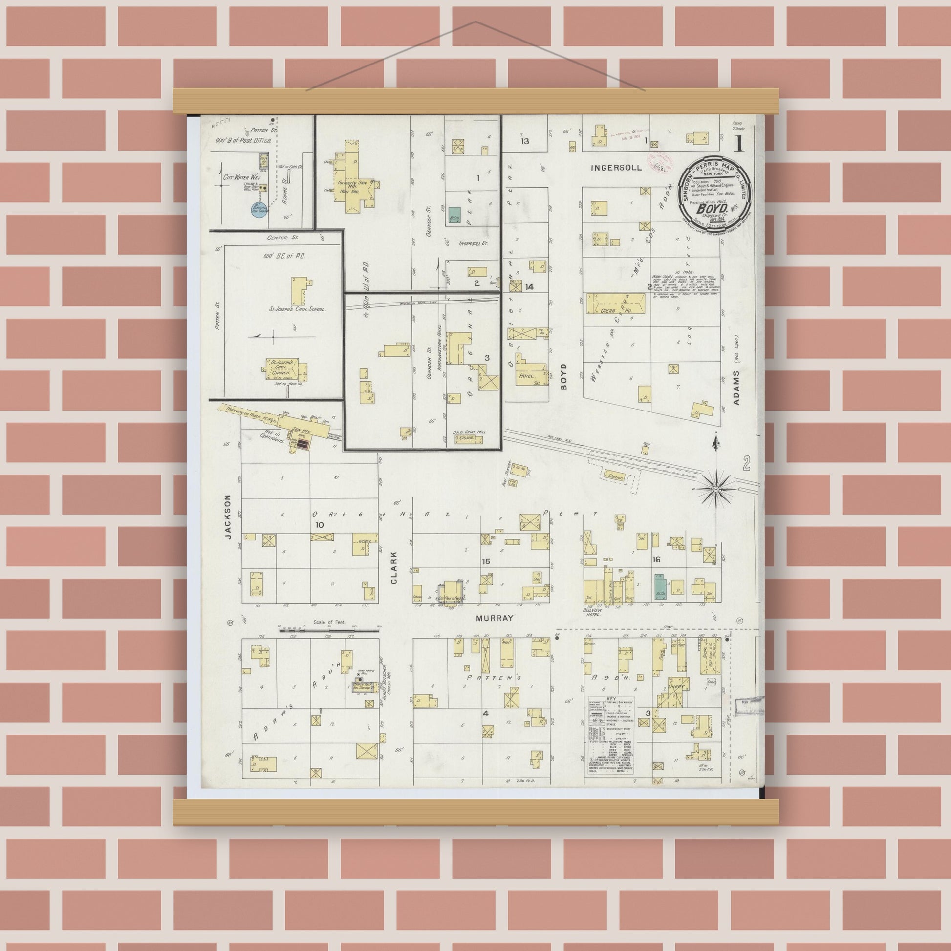 Old map wall art mockup — magnetic wood frame on brick wall — Sanborn Fire Insurance Map from Boyd, Chippewa County, Wisconsin (1894), Sheet #0001