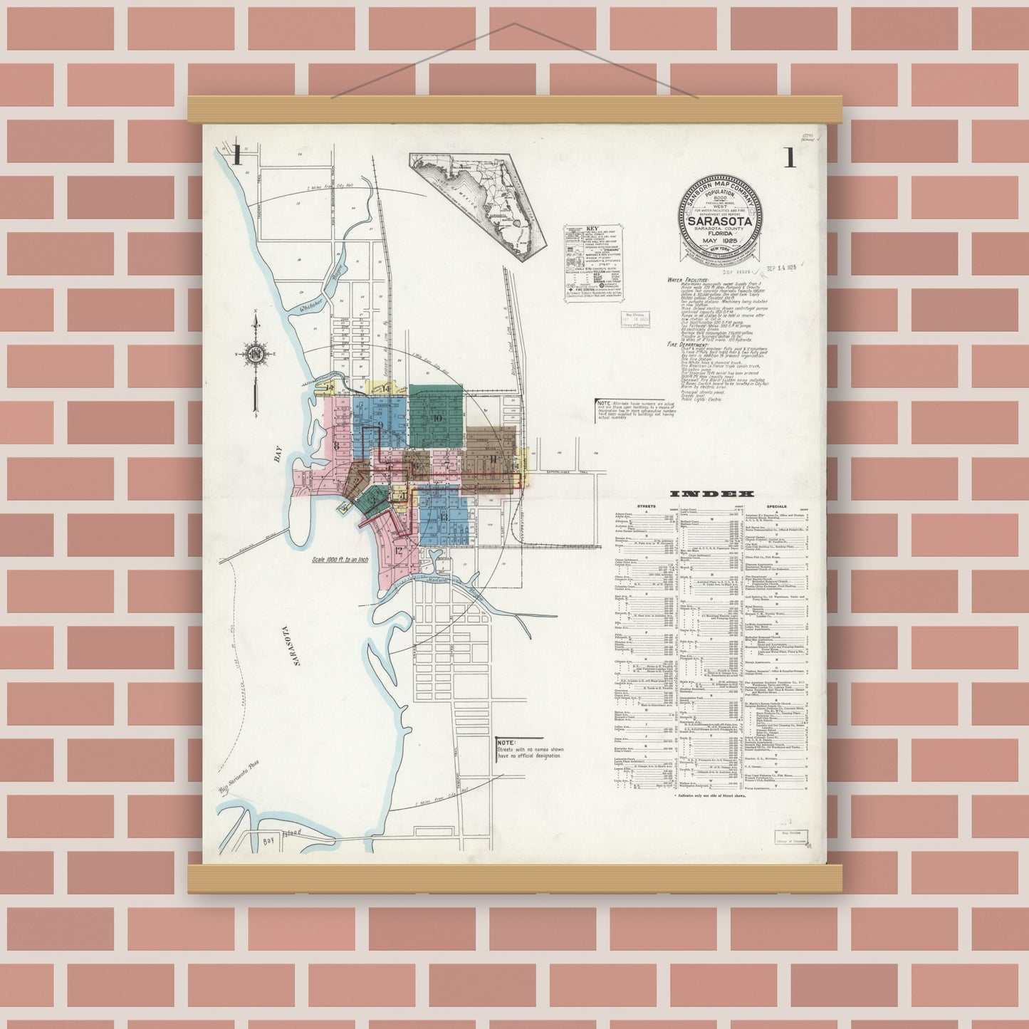 Old map wall art mockup — magnetic wood frame on brick wall — Sanborn Fire Insurance Map from Sarasota, Sarasota County, Florida (1925), Sheet #0001