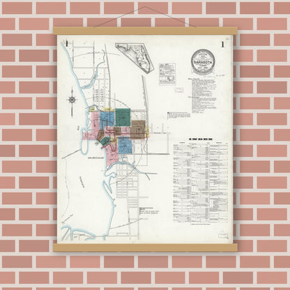 Old map wall art mockup — magnetic wood frame on brick wall — Sanborn Fire Insurance Map from Sarasota, Sarasota County, Florida (1925), Sheet #0001