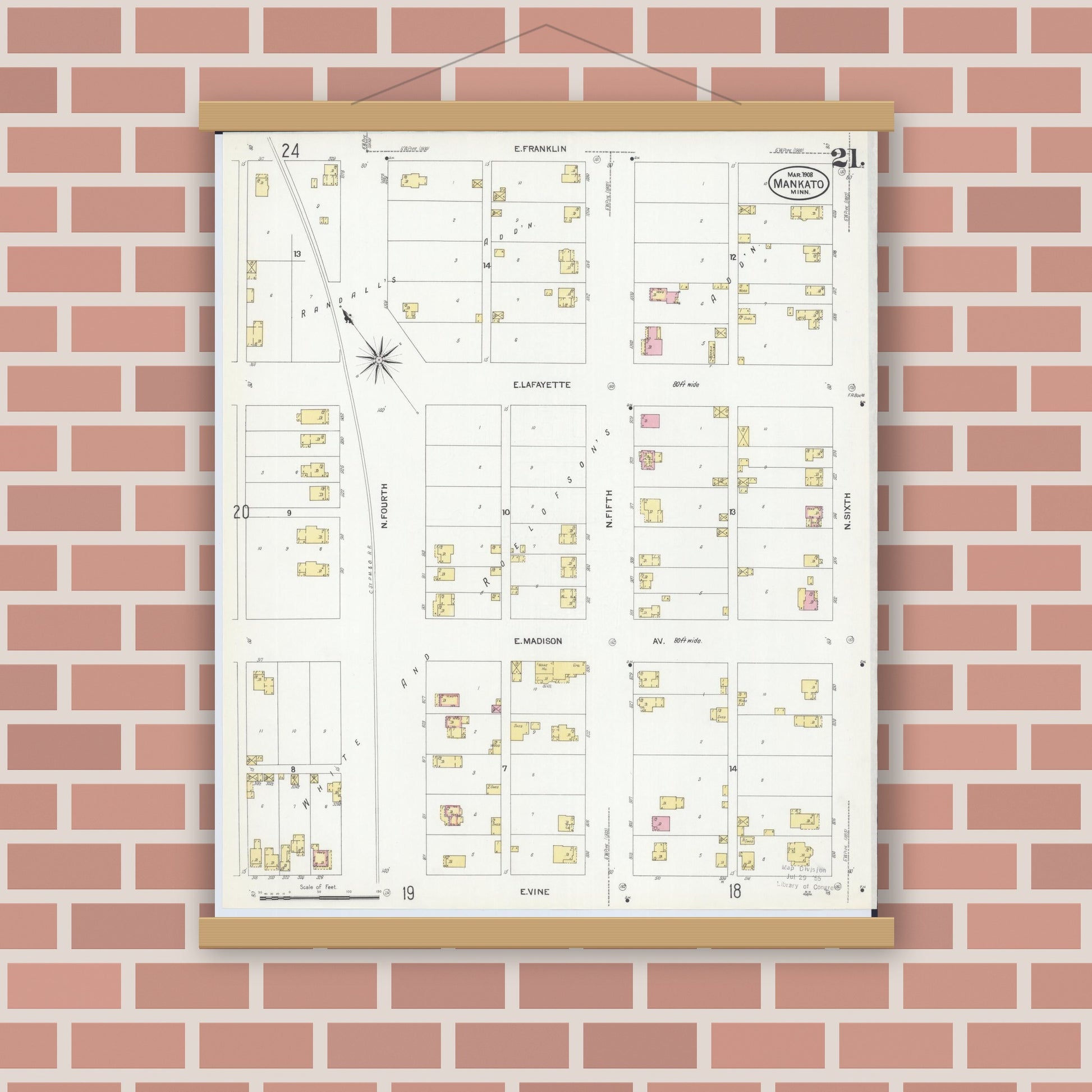 Old map wall art mockup — magnetic wood frame on brick wall — Sanborn Fire Insurance Map from Mankato, Blue Earth County, Minnesota (1908), Sheet #0021