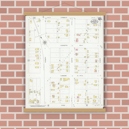 Old map wall art mockup — magnetic wood frame on brick wall — Sanborn Fire Insurance Map from Mankato, Blue Earth County, Minnesota (1908), Sheet #0021