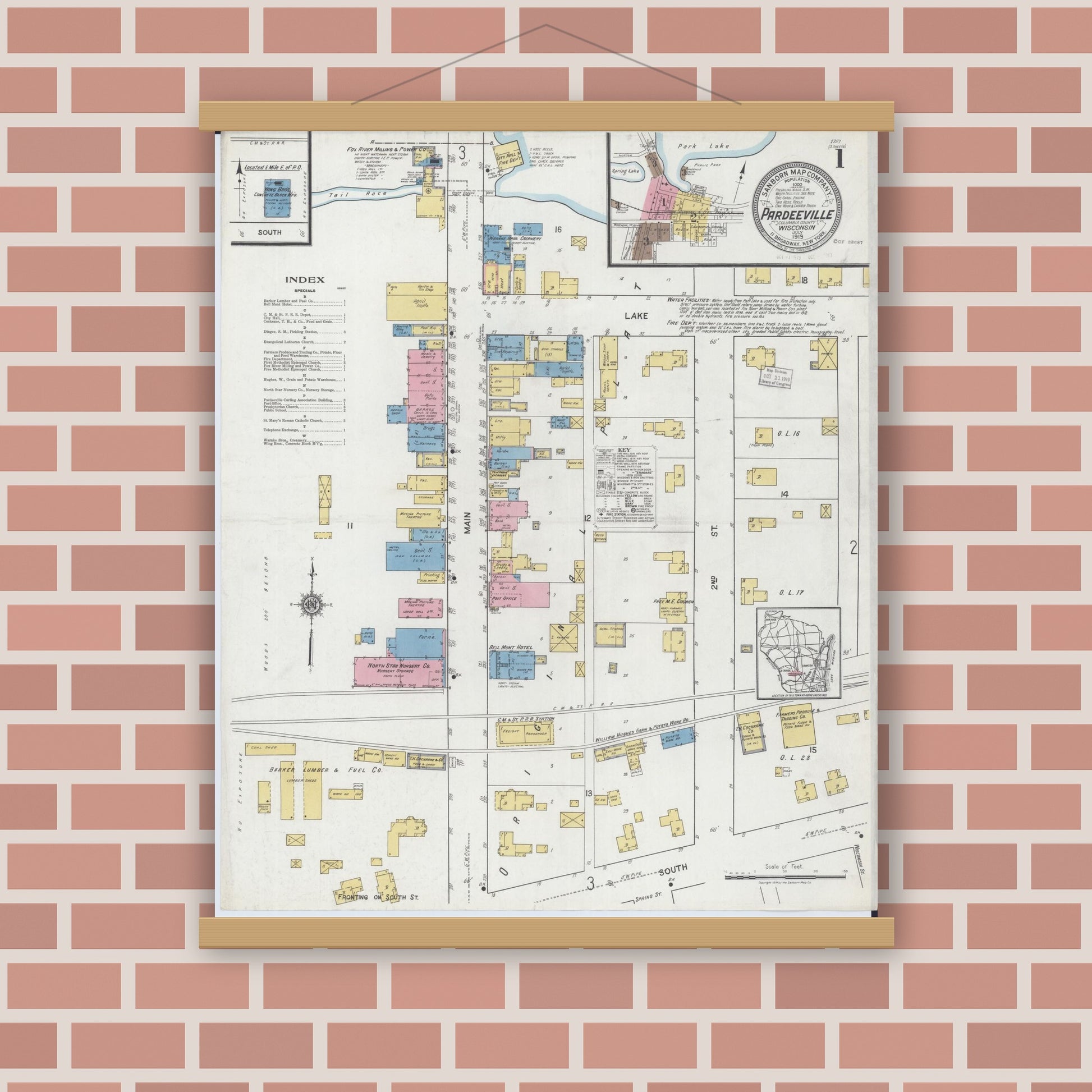 Old map wall art mockup — magnetic wood frame on brick wall — Sanborn Fire Insurance Map from Pardeeville, Columbia County, Wisconsin (1919), Sheet #0001