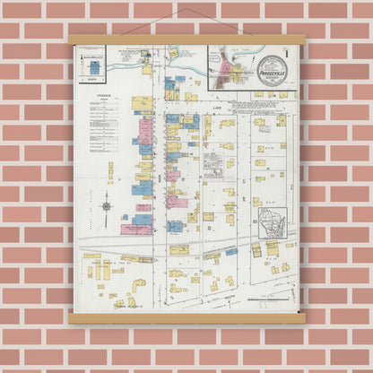 Old map wall art mockup — magnetic wood frame on brick wall — Sanborn Fire Insurance Map from Pardeeville, Columbia County, Wisconsin (1919), Sheet #0001