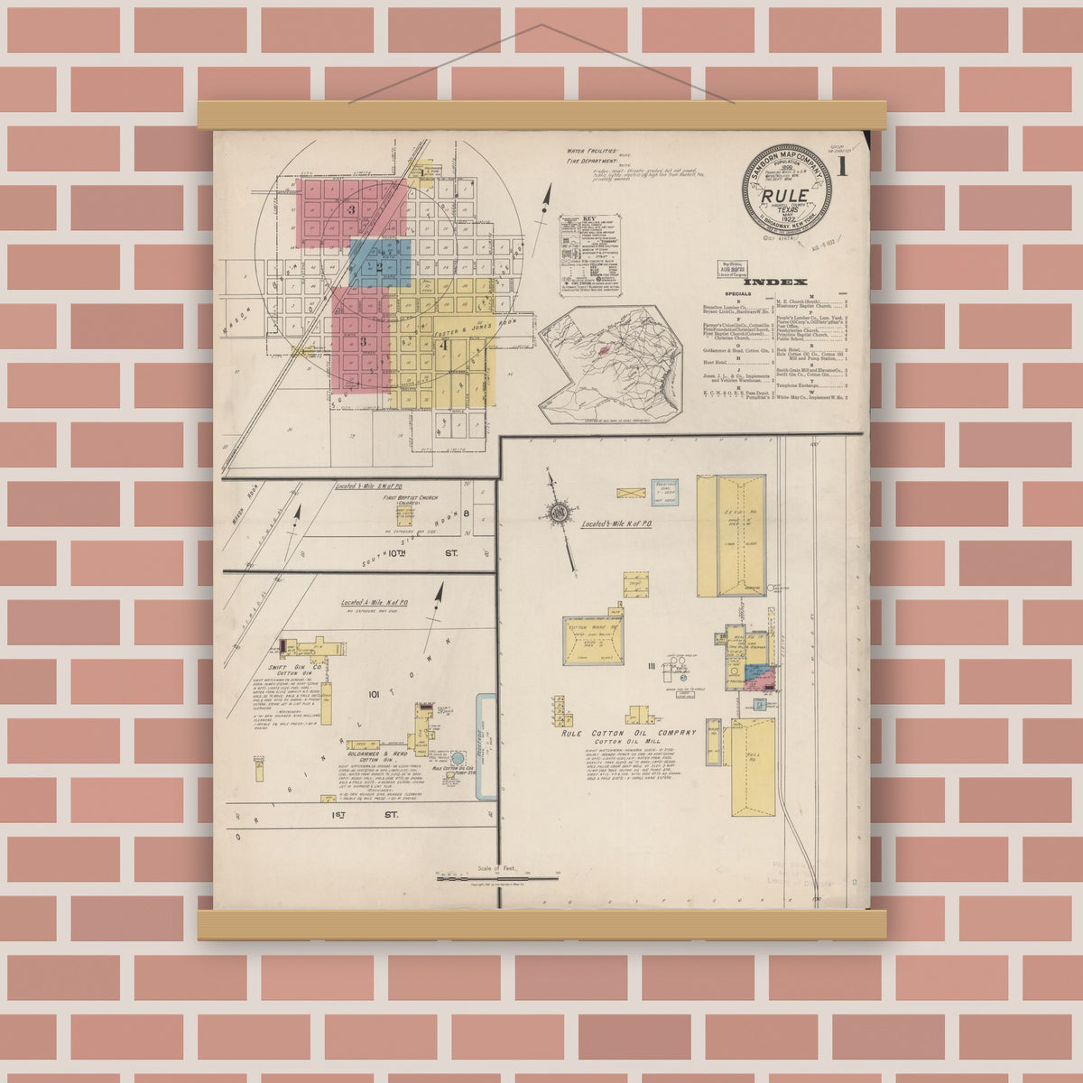 Old map wall art mockup — magnetic wood frame on brick wall — Sanborn Fire Insurance Map from Rule, Haskell County, Texas (1922), Sheet #0001