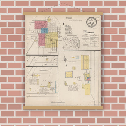 Old map wall art mockup — magnetic wood frame on brick wall — Sanborn Fire Insurance Map from Rule, Haskell County, Texas (1922), Sheet #0001