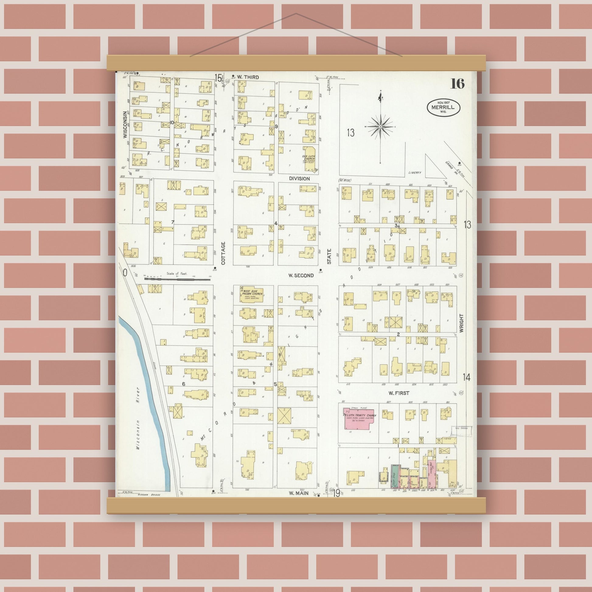 Old map wall art mockup — magnetic wood frame on brick wall — Sanborn Fire Insurance Map from Merrill, Lincoln County, Wisconsin (1907), Sheet #0016