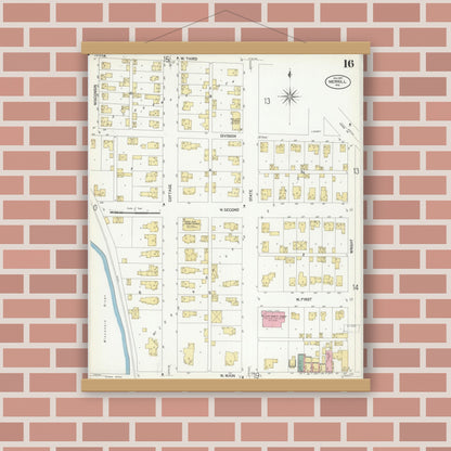 Old map wall art mockup — magnetic wood frame on brick wall — Sanborn Fire Insurance Map from Merrill, Lincoln County, Wisconsin (1907), Sheet #0016