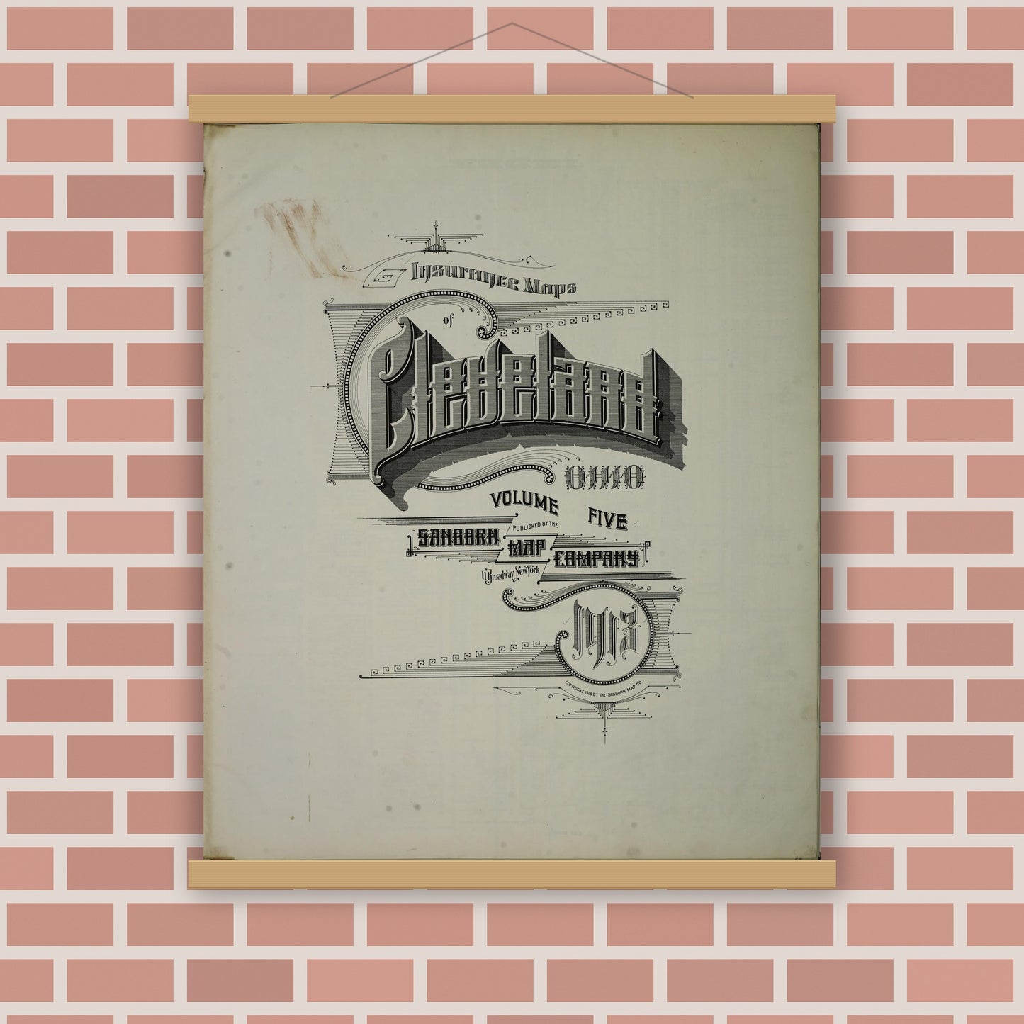 Old map wall art mockup — magnetic wood frame on brick wall — Sanborn Fire Insurance Map from Cleveland, Cuyahoga County, Ohio (1913), Sheet #0001