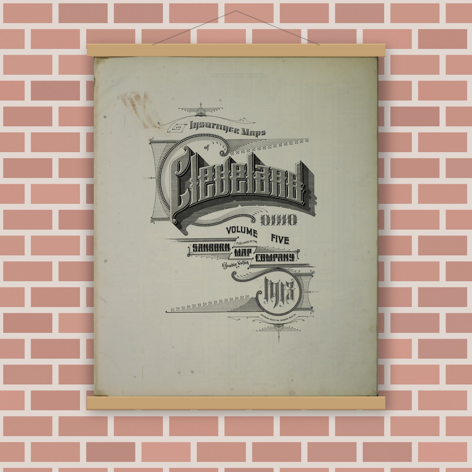 Old map wall art mockup — magnetic wood frame on brick wall — Sanborn Fire Insurance Map from Cleveland, Cuyahoga County, Ohio (1913), Sheet #0001