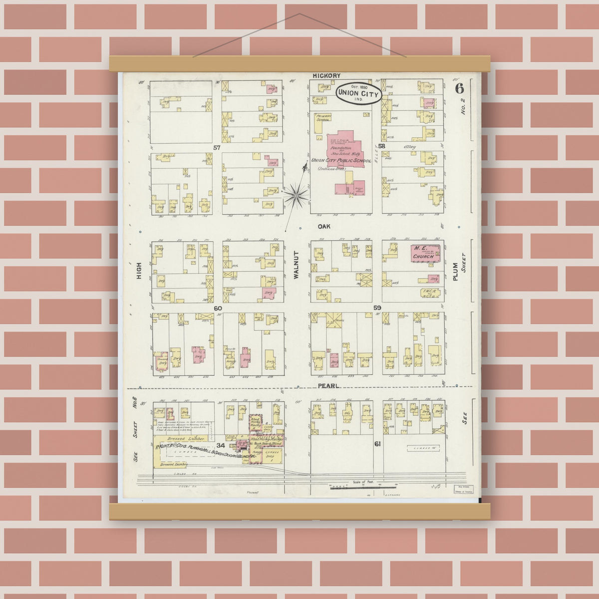 Old map wall art mockup — magnetic wood frame on brick wall — Sanborn Fire Insurance Map from Union City, Randolph County, Indiana (1890), Sheet #0006