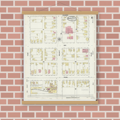 Old map wall art mockup — magnetic wood frame on brick wall — Sanborn Fire Insurance Map from Union City, Randolph County, Indiana (1890), Sheet #0006