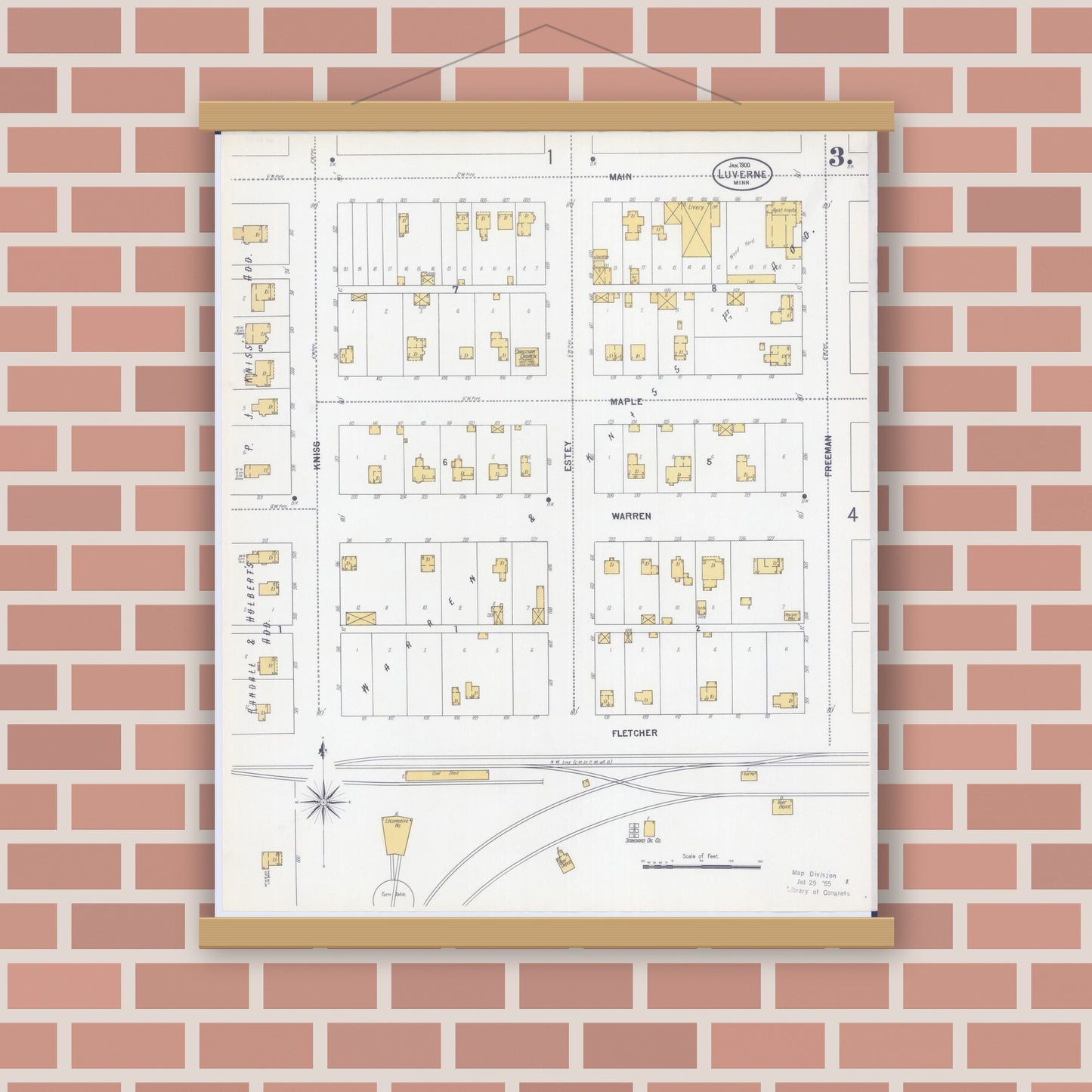 Old map wall art mockup — magnetic wood frame on brick wall — Sanborn Fire Insurance Map from Luverne, Rock County, Minnesota (1900), Sheet #0003