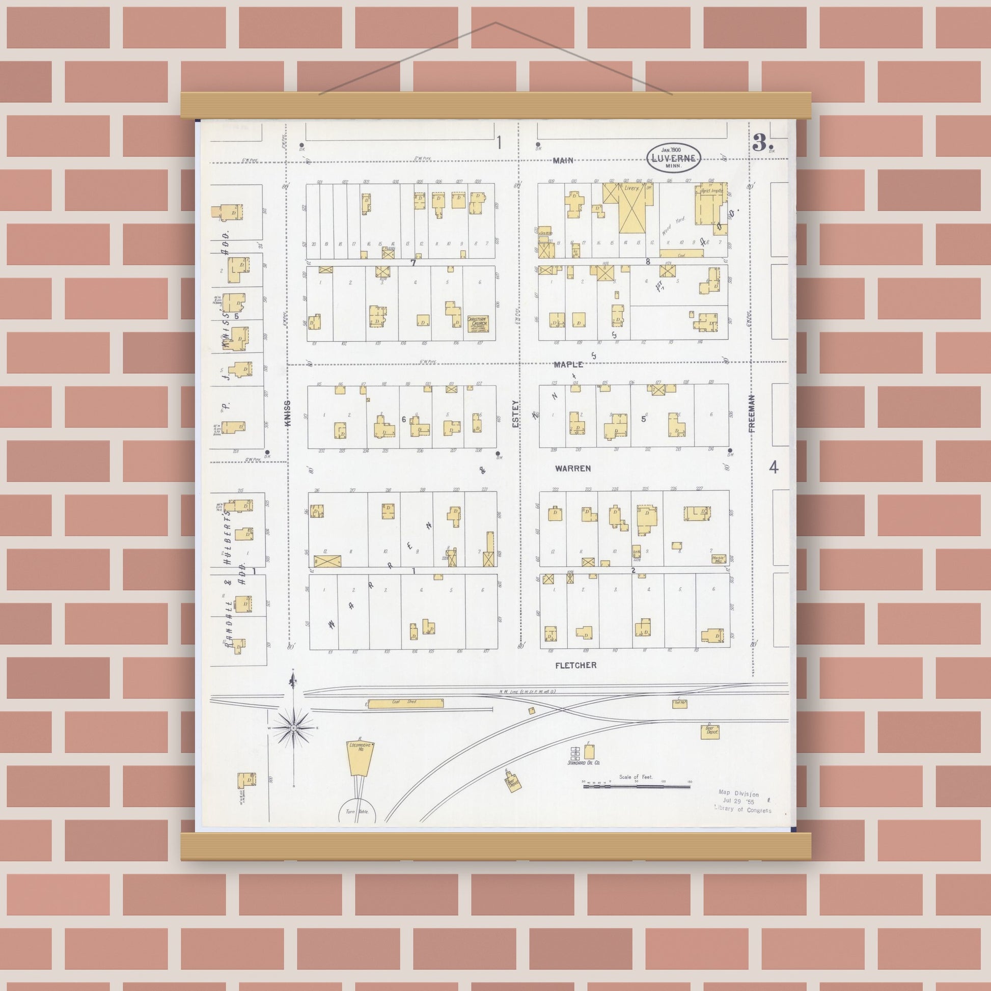 Old map wall art mockup — magnetic wood frame on brick wall — Sanborn Fire Insurance Map from Luverne, Rock County, Minnesota (1900), Sheet #0003