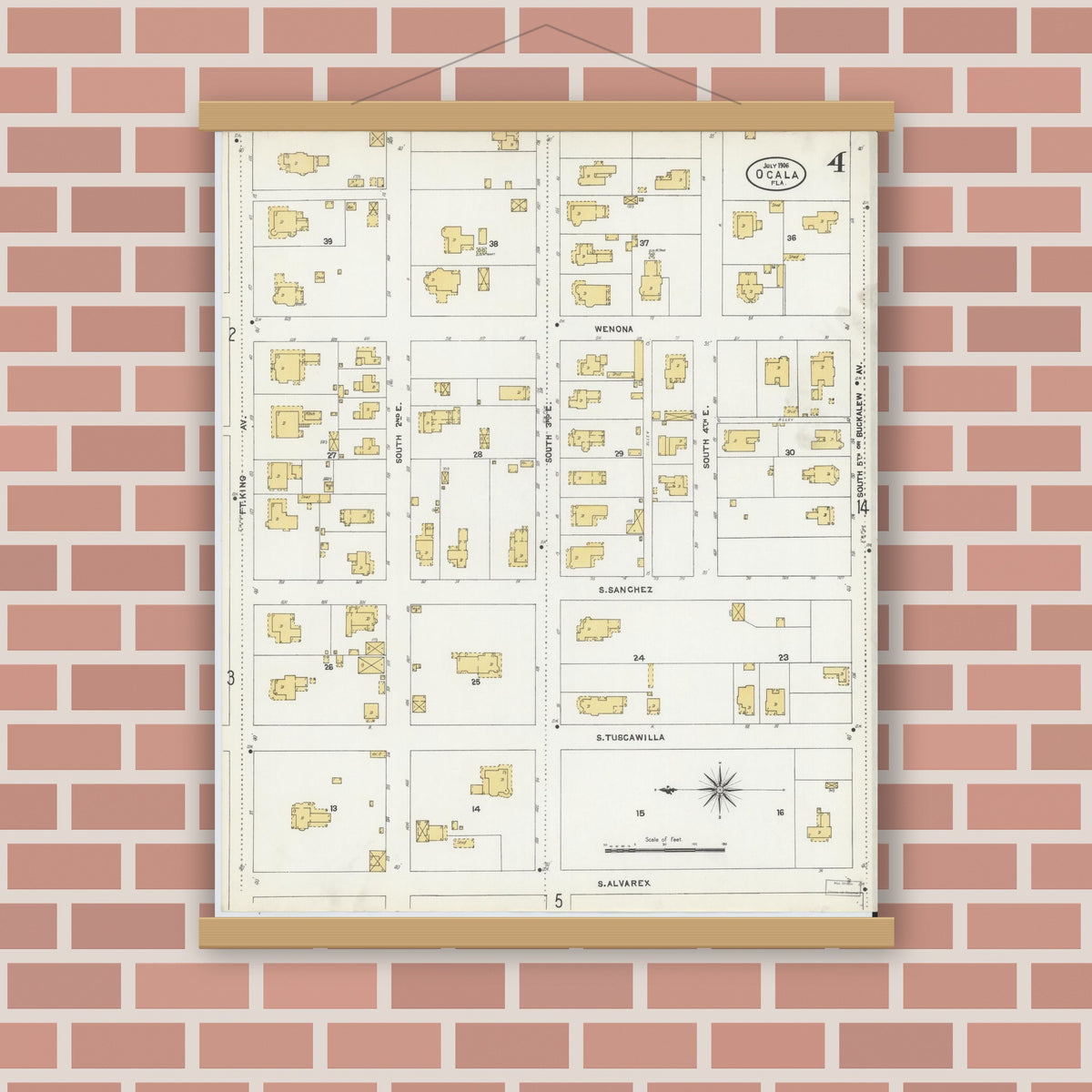 Old map wall art mockup — magnetic wood frame on brick wall — Sanborn Fire Insurance Map from Ocala, Marion County, Florida (1906), Sheet #0004