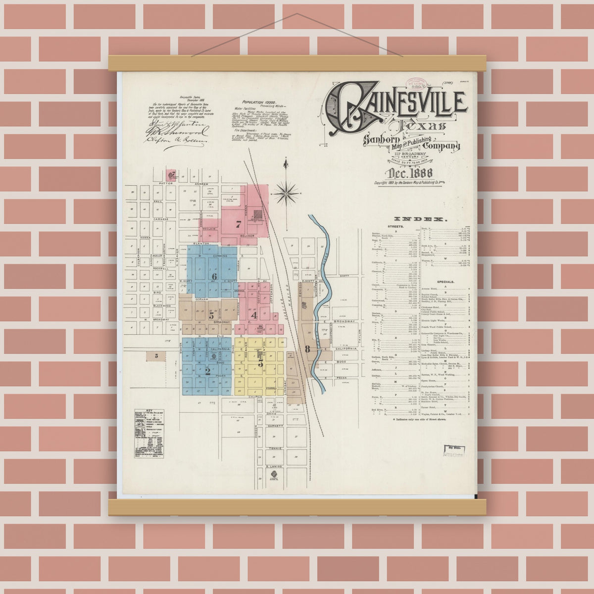 Old map wall art mockup — magnetic wood frame on brick wall — Sanborn Fire Insurance Map from Gainesville, Cooke County, Texas (1888), Sheet #0001
