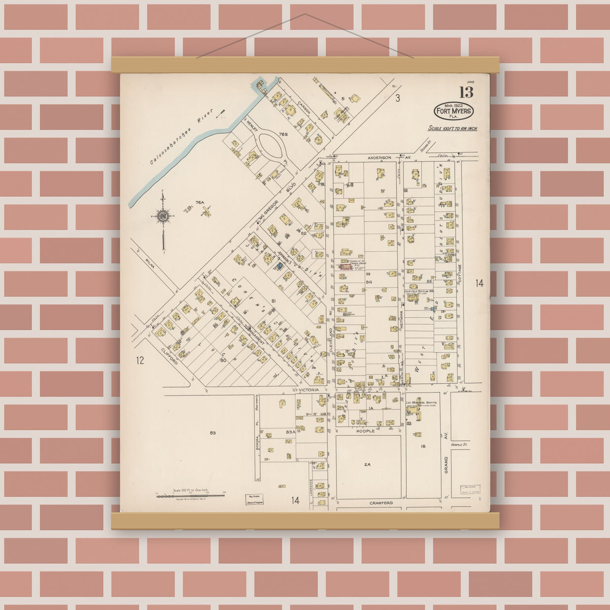Old map wall art mockup — magnetic wood frame on brick wall — Sanborn Fire Insurance Map from Fort Myers, Lee County, Florida (1922), Sheet #0013
