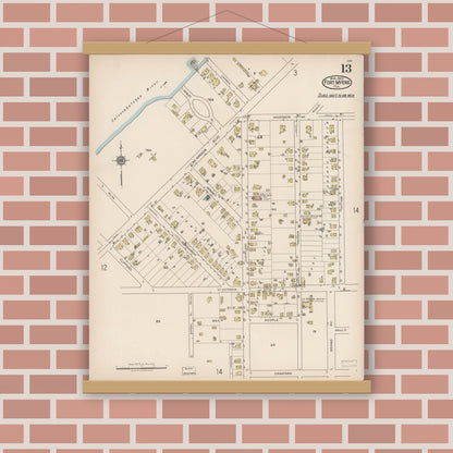 Old map wall art mockup — magnetic wood frame on brick wall — Sanborn Fire Insurance Map from Fort Myers, Lee County, Florida (1922), Sheet #0013