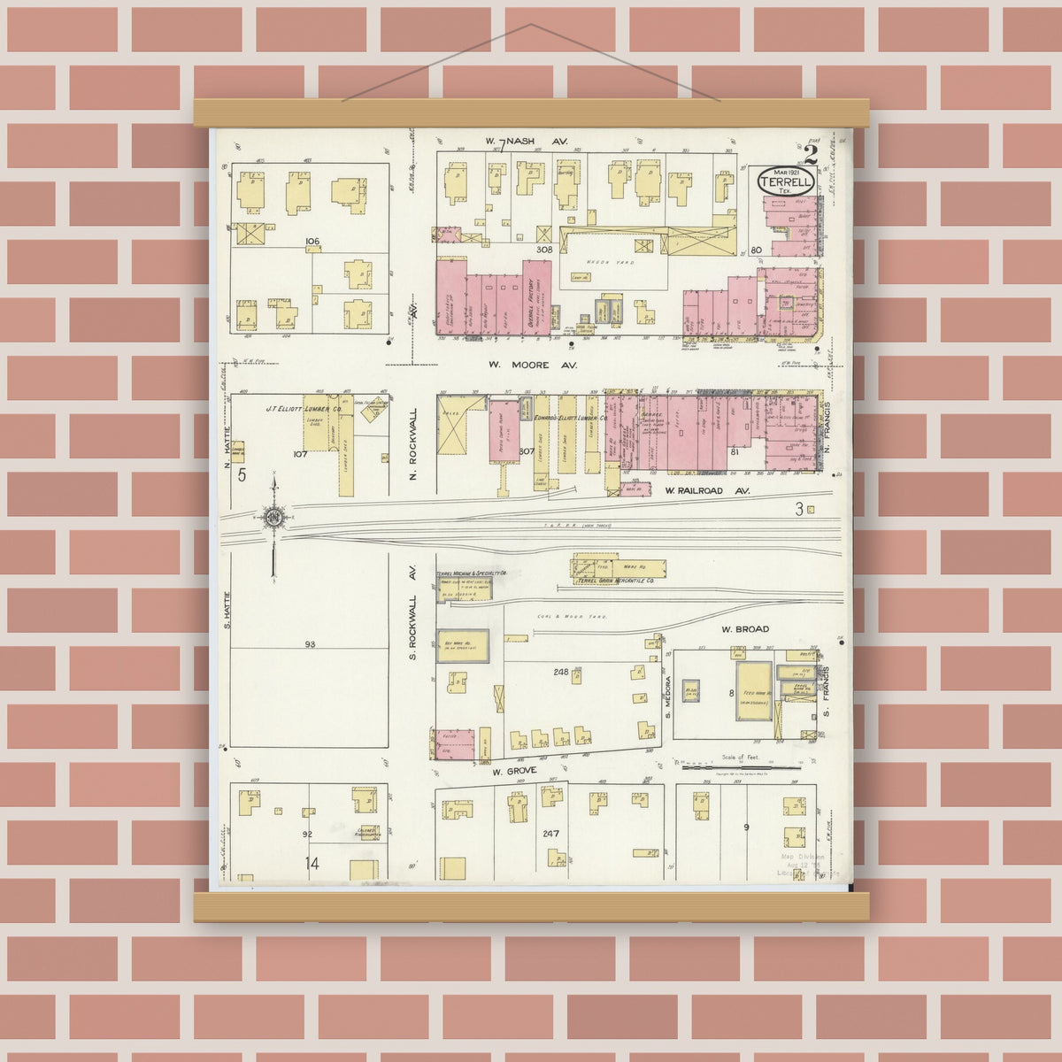 Old map wall art mockup — magnetic wood frame on brick wall — Sanborn Fire Insurance Map from Terrell, Kaufman County, Texas (1921), Sheet #0002
