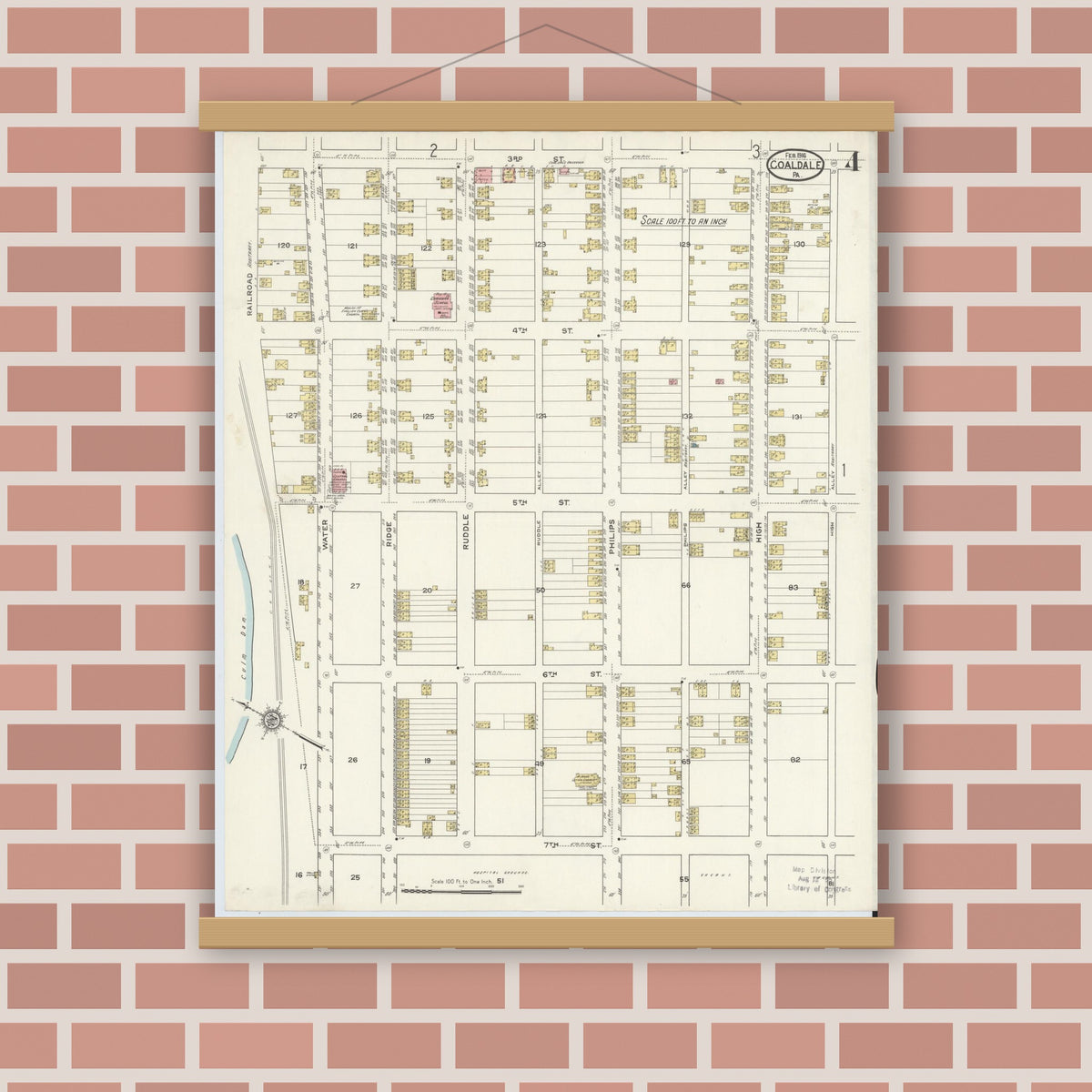 Old map wall art mockup — magnetic wood frame on brick wall — Sanborn Fire Insurance Map from Coaldale, Schuylkill County, Pennsylvania (1916), Sheet #0004