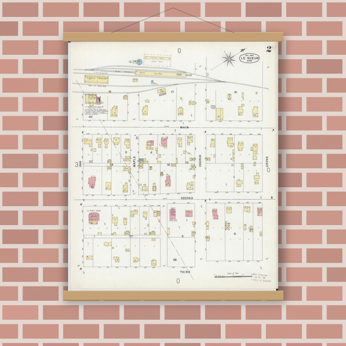 Old map wall art mockup — magnetic wood frame on brick wall — Sanborn Fire Insurance Map from Le Sueur, Le Sueur County, Minnesota (1902), Sheet #0002