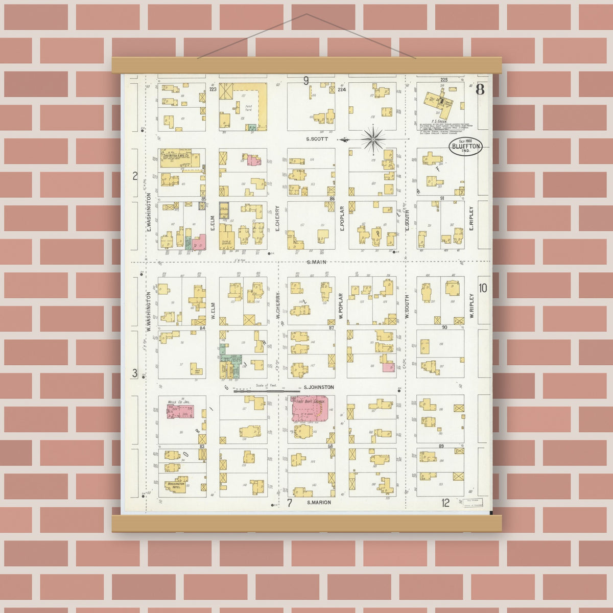 Old map wall art mockup — magnetic wood frame on brick wall — Sanborn Fire Insurance Map from Bluffton, Wells County, Indiana (1900), Sheet #0008