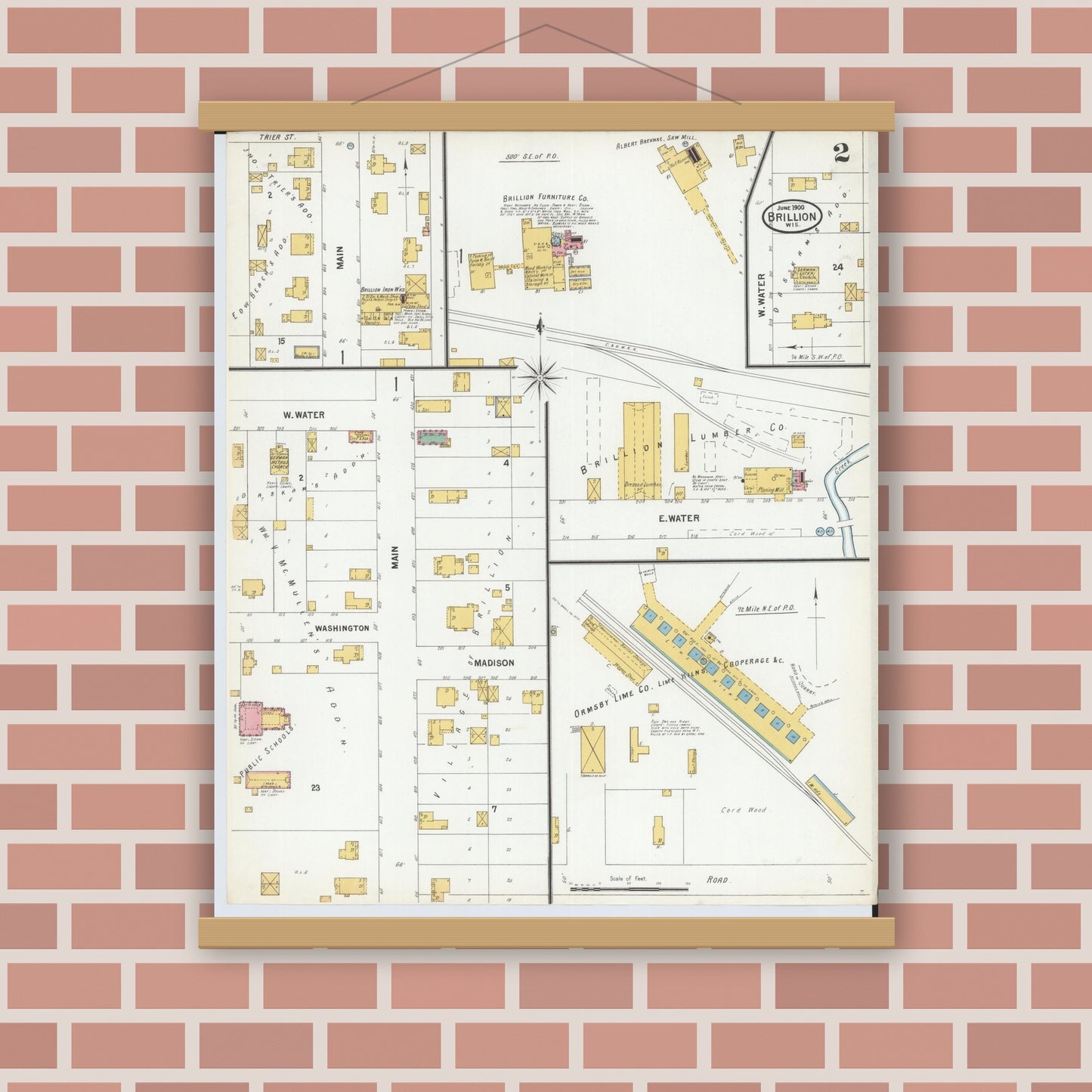 Old map wall art mockup — magnetic wood frame on brick wall — Sanborn Fire Insurance Map from Brillion, Calumet County, Wisconsin (1900), Sheet #0002