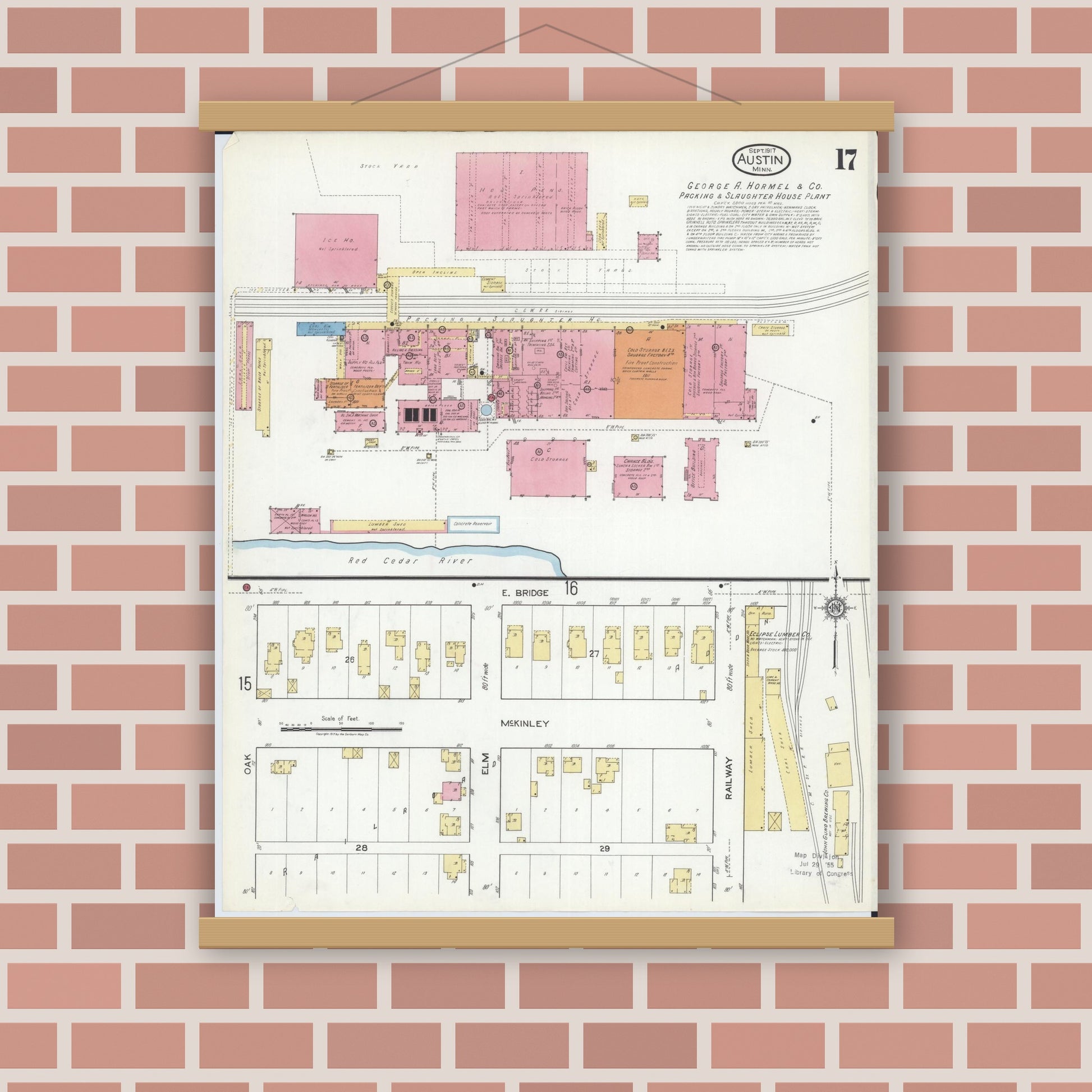 Old map wall art mockup — magnetic wood frame on brick wall — Sanborn Fire Insurance Map from Austin, Mower County, Minnesota (1917), Sheet #0017