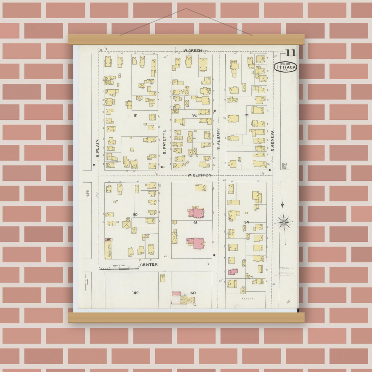 Old map wall art mockup — magnetic wood frame on brick wall — Sanborn Fire Insurance Map from Ithaca, Tompkins County, New York (1893), Sheet #0011