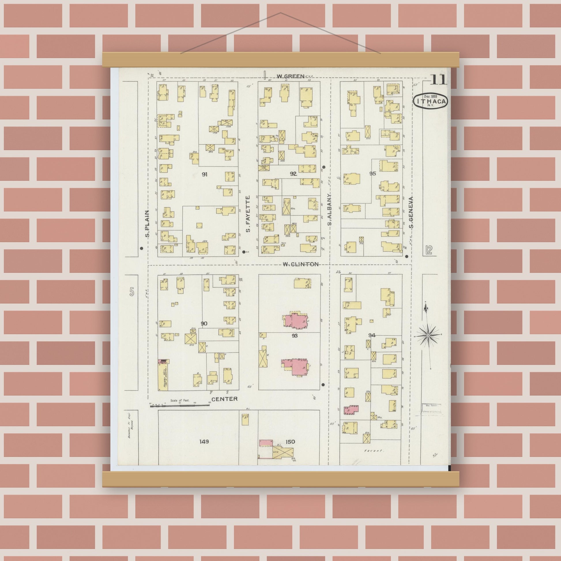 Old map wall art mockup — magnetic wood frame on brick wall — Sanborn Fire Insurance Map from Ithaca, Tompkins County, New York (1893), Sheet #0011