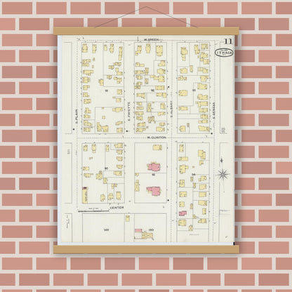 Old map wall art mockup — magnetic wood frame on brick wall — Sanborn Fire Insurance Map from Ithaca, Tompkins County, New York (1893), Sheet #0011