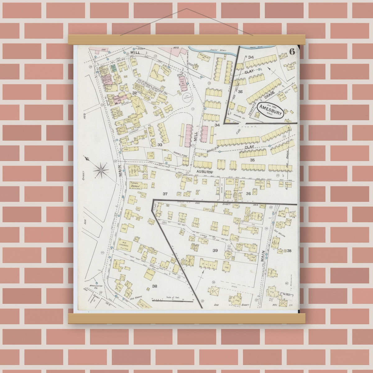 Old map wall art mockup — magnetic wood frame on brick wall — Sanborn Fire Insurance Map from Amesbury, Essex County, Massachusetts (1889), Sheet #0006