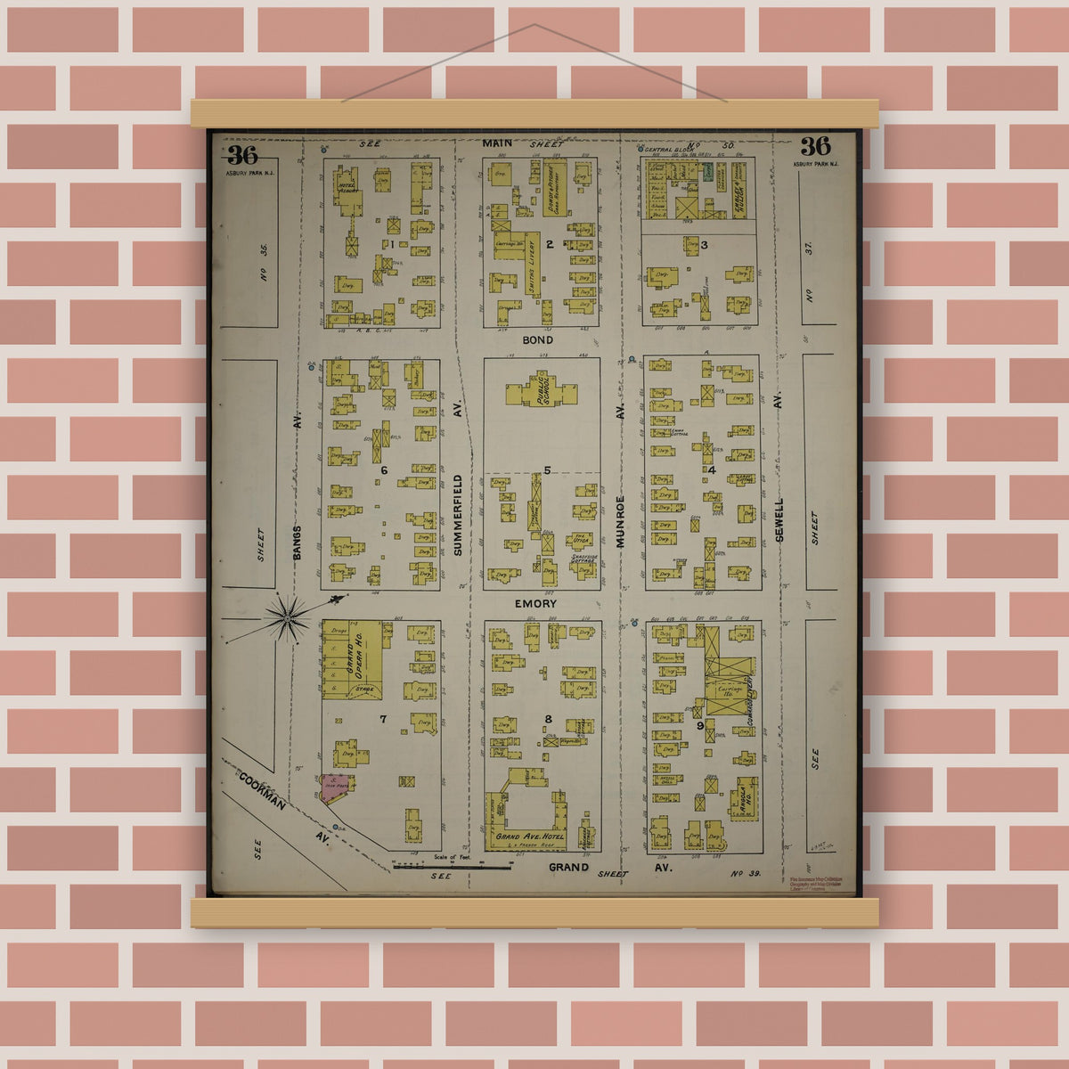 Old map wall art mockup — magnetic wood frame on brick wall — Sanborn Fire Insurance Map from New Jersey Coast, New Jersey Coast, New Jersey (1890), Sheet #0036