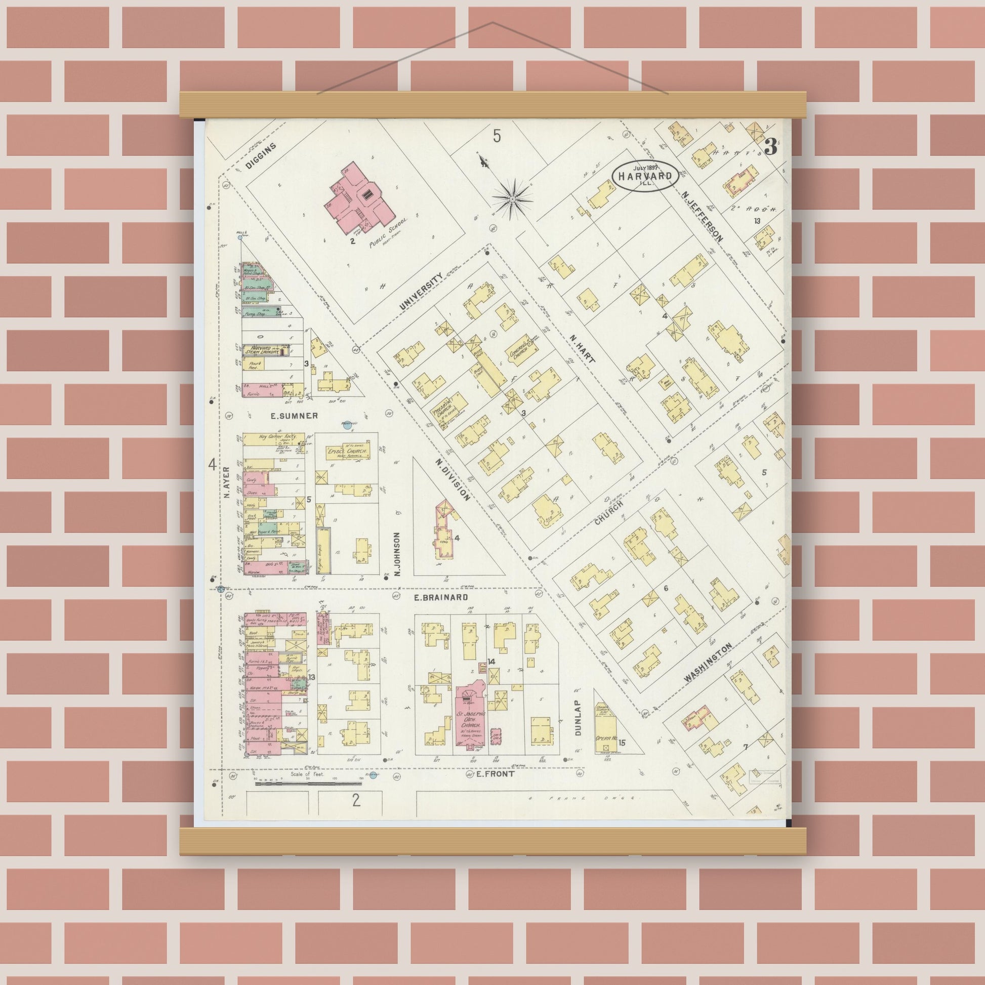 Old map wall art mockup — magnetic wood frame on brick wall — Sanborn Fire Insurance Map from Harvard, McHenry County, Illinois (1897), Sheet #0003