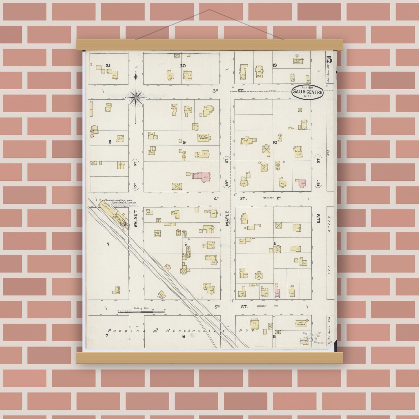Old map wall art mockup — magnetic wood frame on brick wall — Sanborn Fire Insurance Map from Sauk Centre, Stearns County, Minnesota (1890), Sheet #0005