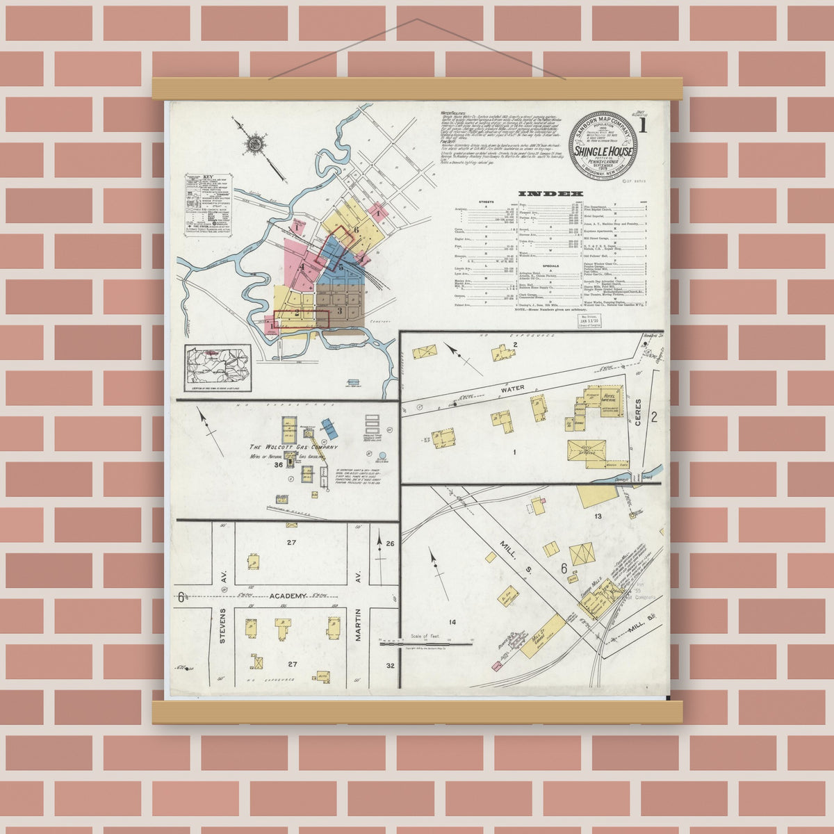 Old map wall art mockup — magnetic wood frame on brick wall — Sanborn Fire Insurance Map from Shingle House, Potter County, Pennsylvania (1919) - Complete Map Set