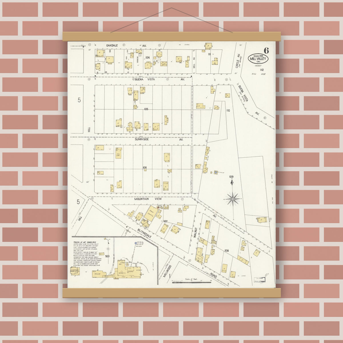 Old map wall art mockup — magnetic wood frame on brick wall — Sanborn Fire Insurance Map from Mill Valley, Marin County, California (1908), Sheet #0006