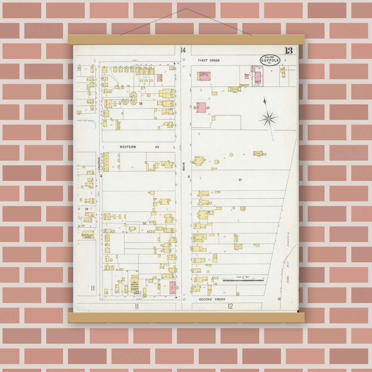Old map wall art mockup — magnetic wood frame on brick wall — Sanborn Fire Insurance Map from Suffolk, Independent Cities, Virginia (1898), Sheet #0013
