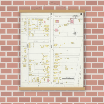 Old map wall art mockup — magnetic wood frame on brick wall — Sanborn Fire Insurance Map from Suffolk, Independent Cities, Virginia (1898), Sheet #0013