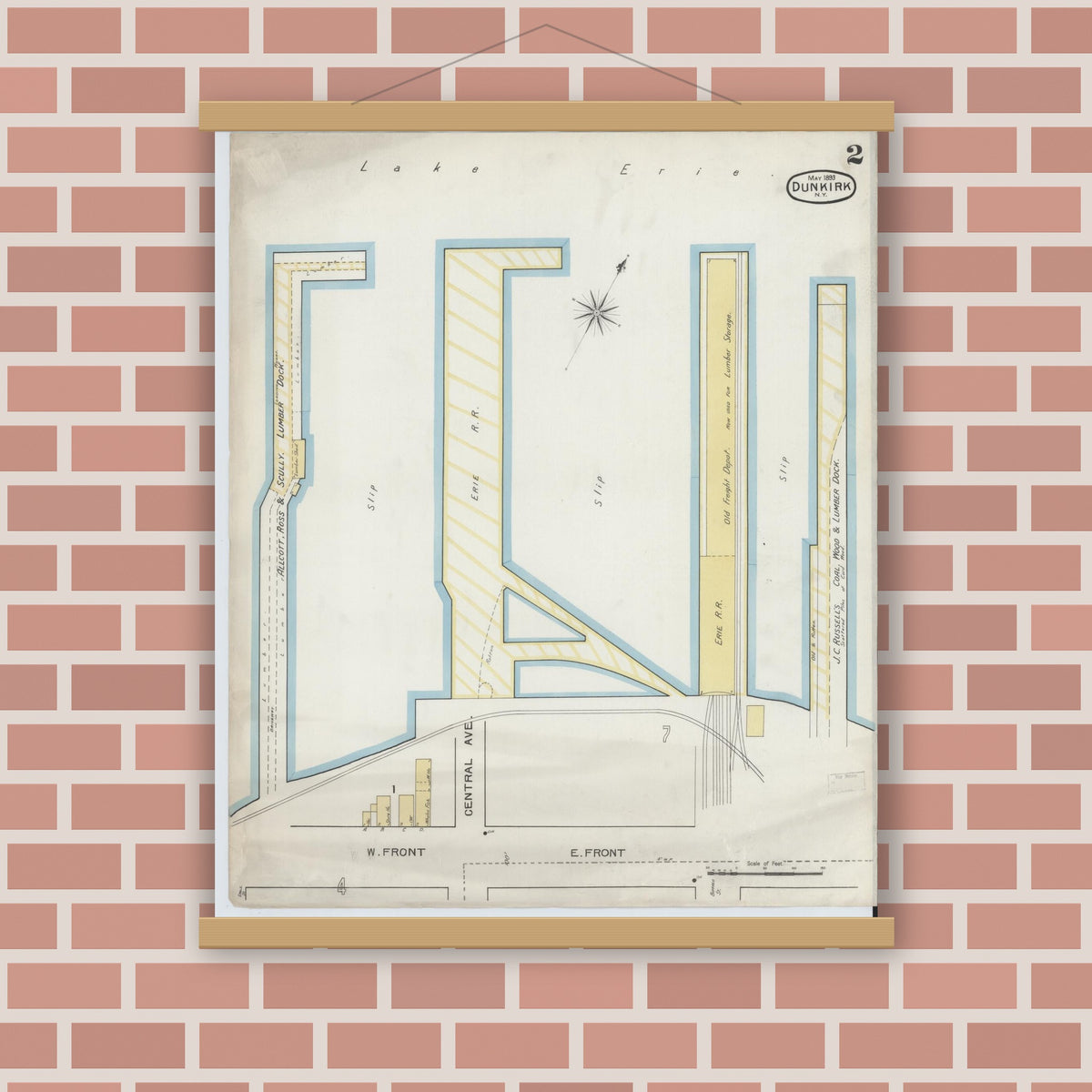 Old map wall art mockup — magnetic wood frame on brick wall — Sanborn Fire Insurance Map from Dunkirk, Chautauqua County, New York (1893) - Complete Map Set