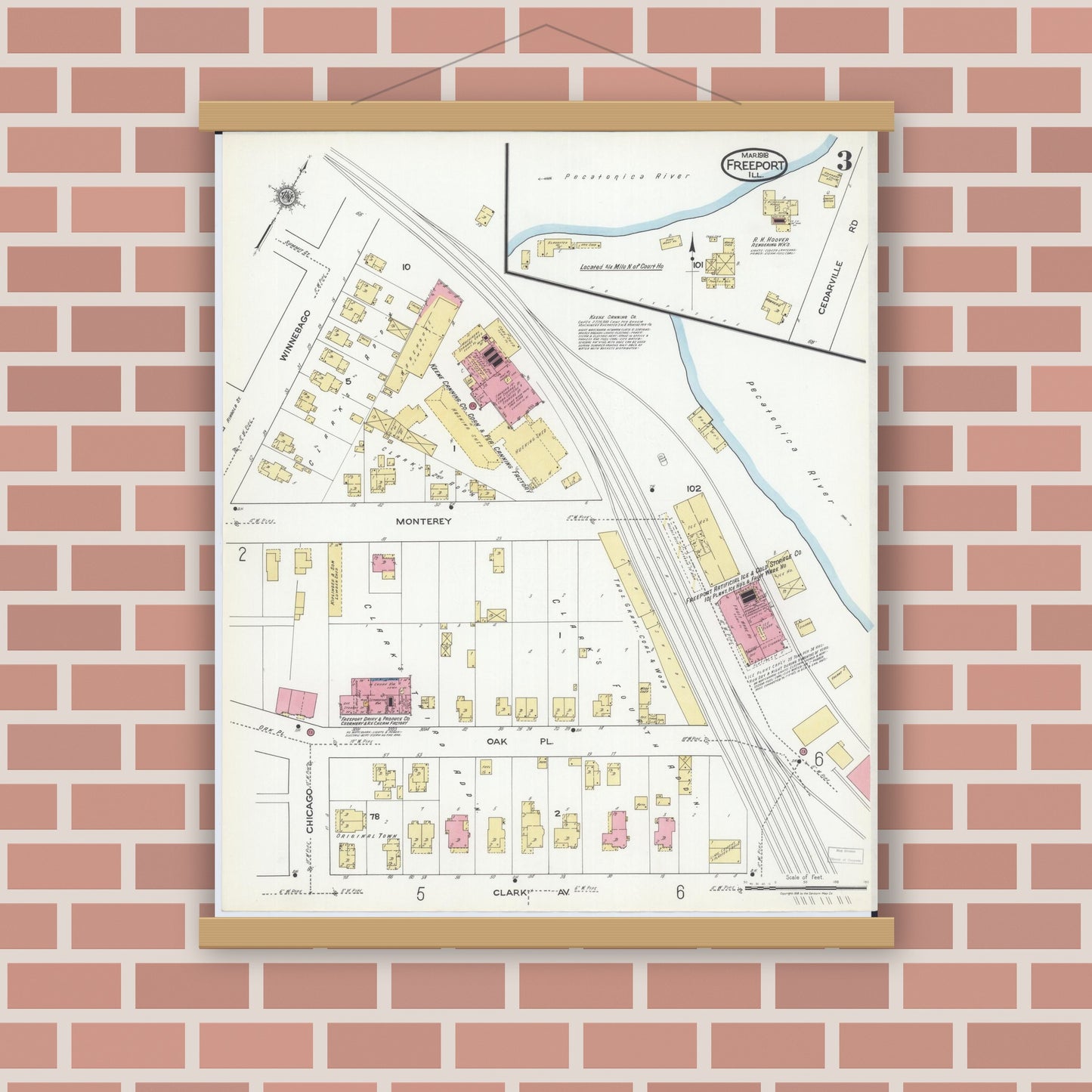 Old map wall art mockup — magnetic wood frame on brick wall — Sanborn Fire Insurance Map from Freeport, Stephenson County, Illinois (1918), Sheet #0003