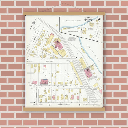 Old map wall art mockup — magnetic wood frame on brick wall — Sanborn Fire Insurance Map from Freeport, Stephenson County, Illinois (1918), Sheet #0003