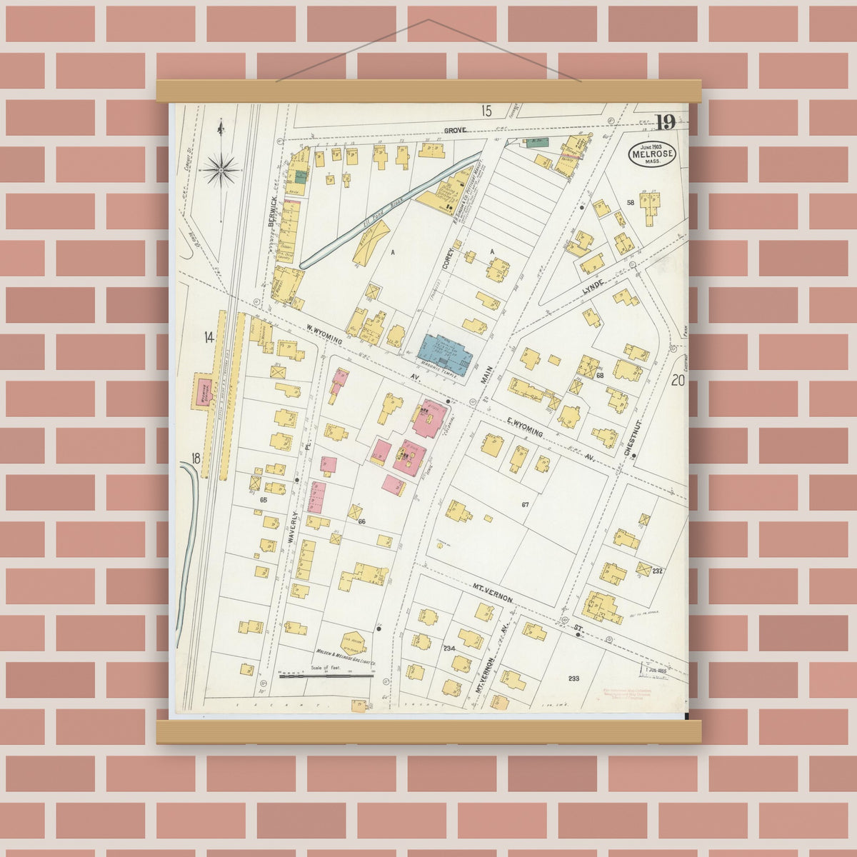 Old map wall art mockup — magnetic wood frame on brick wall — Sanborn Fire Insurance Map from Melrose, Middlesex County, Massachusetts (1903), Sheet #0019