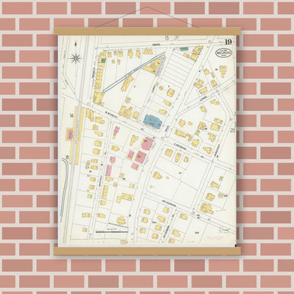 Old map wall art mockup — magnetic wood frame on brick wall — Sanborn Fire Insurance Map from Melrose, Middlesex County, Massachusetts (1903), Sheet #0019