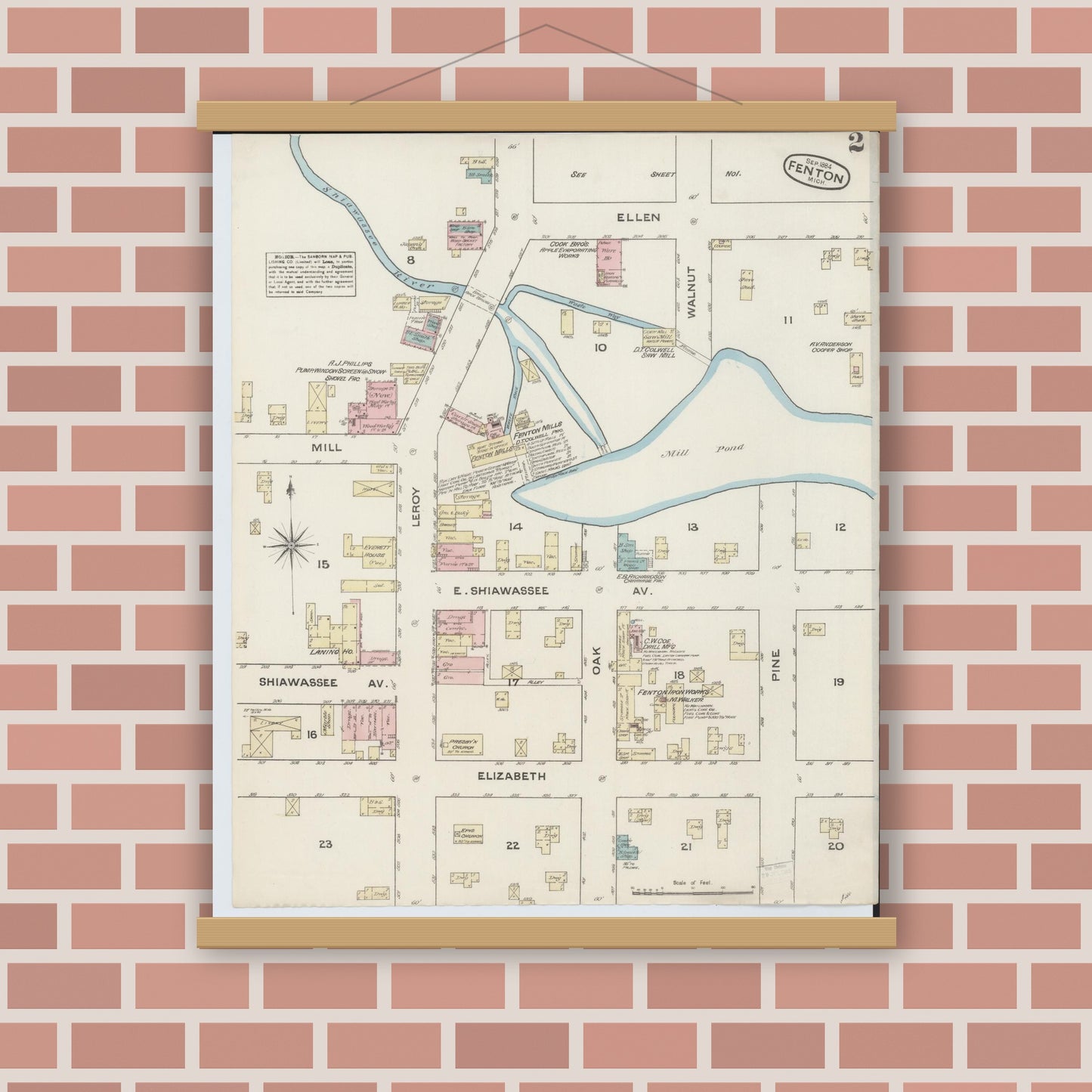 Old map wall art mockup — magnetic wood frame on brick wall — Sanborn Fire Insurance Map from Fenton, Genesee County, Michigan (1884), Sheet #0002